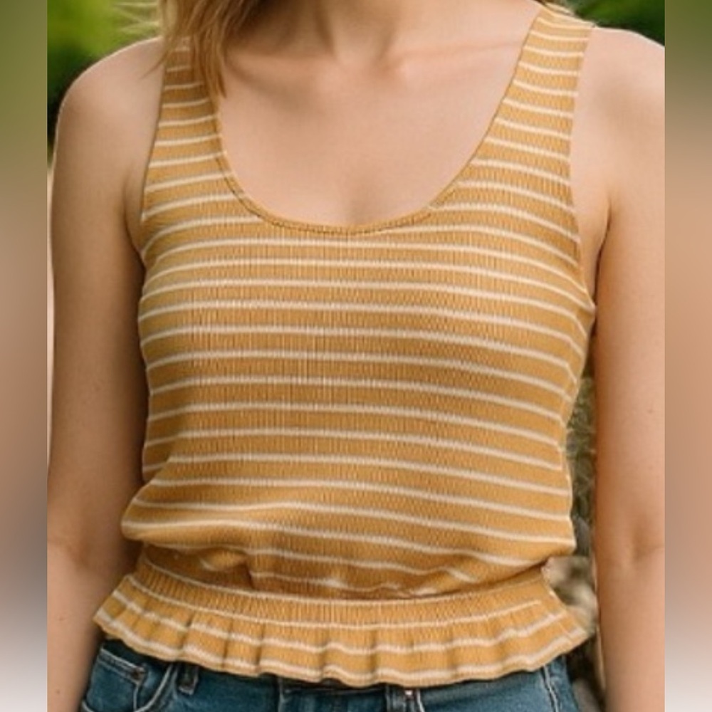 AMERICAN EAGLE TAN & WHITE STRIPED SUMMER CASUAL BEACH CROPPED TANK TOP SZ S